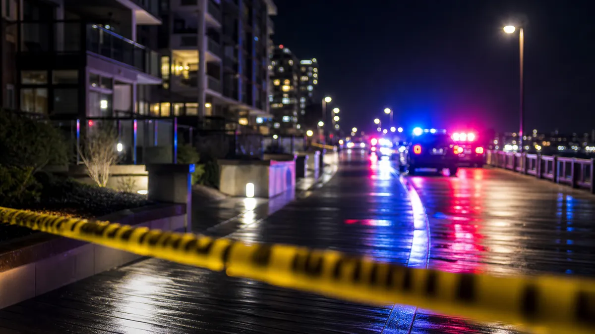 Generic nighttime boardwalk scene with police tape and emergency lights after a public-safety incident