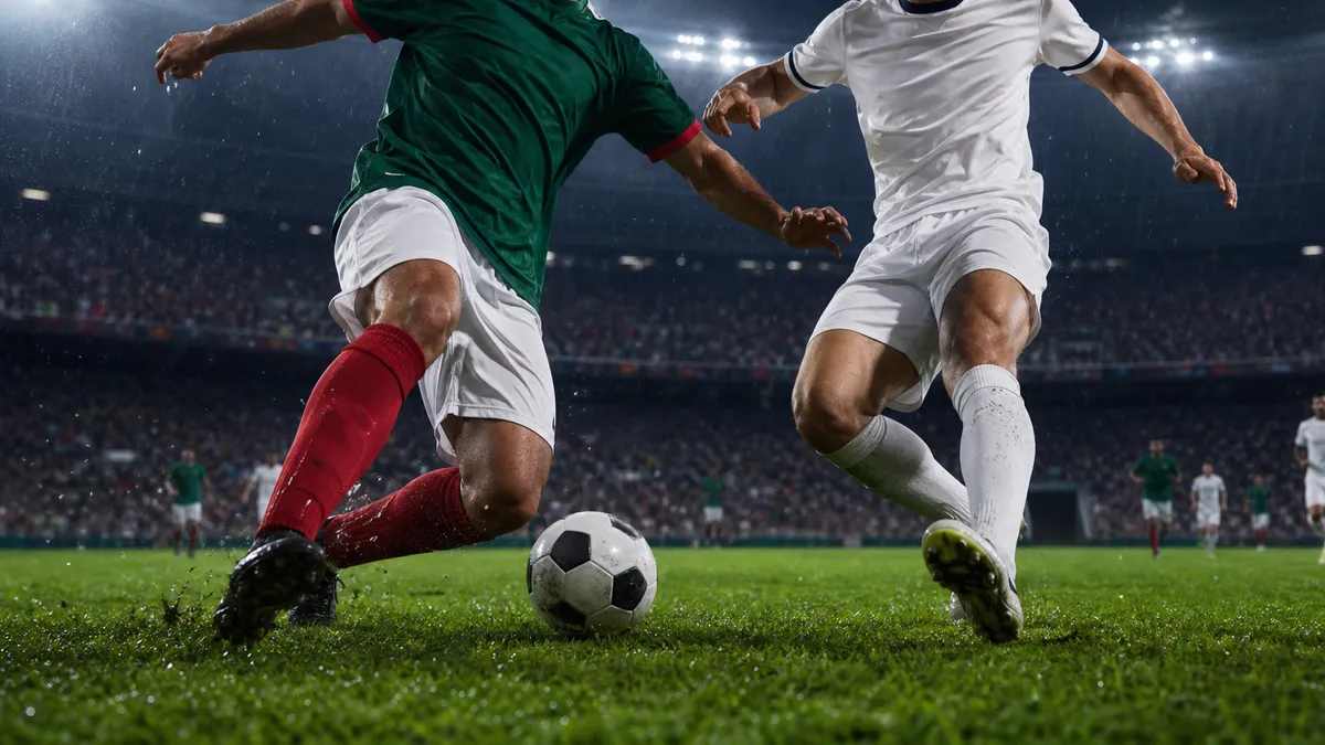 Generic editorial image of anonymous soccer players contesting the ball under stadium lights