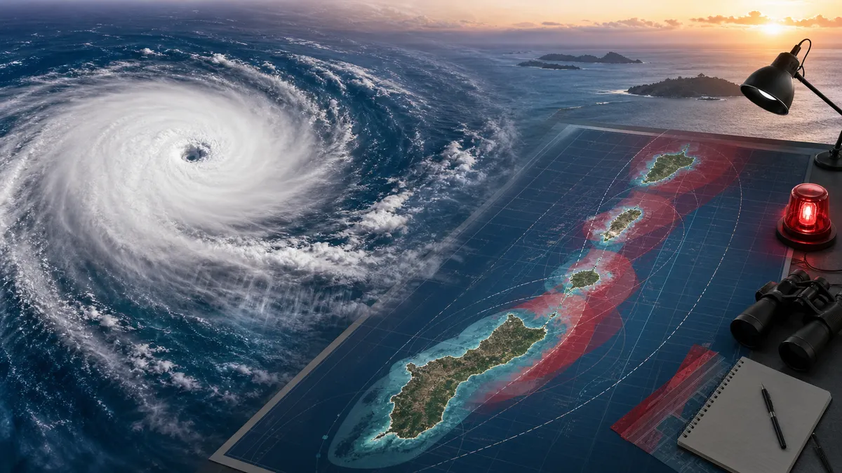 Generic editorial image of a Pacific typhoon warning map and storm bands near Guam and the Northern Marianas