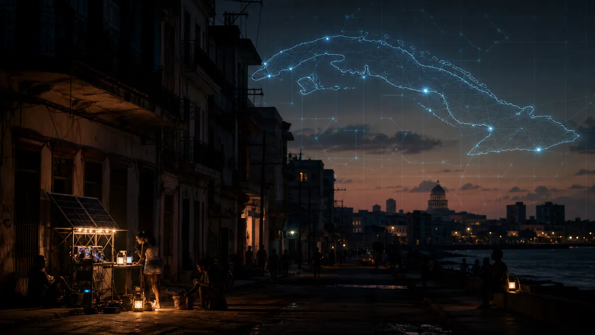 Generic editorial illustration of a dark Havana-style waterfront street with a Cuba grid map overlay during a power blackout