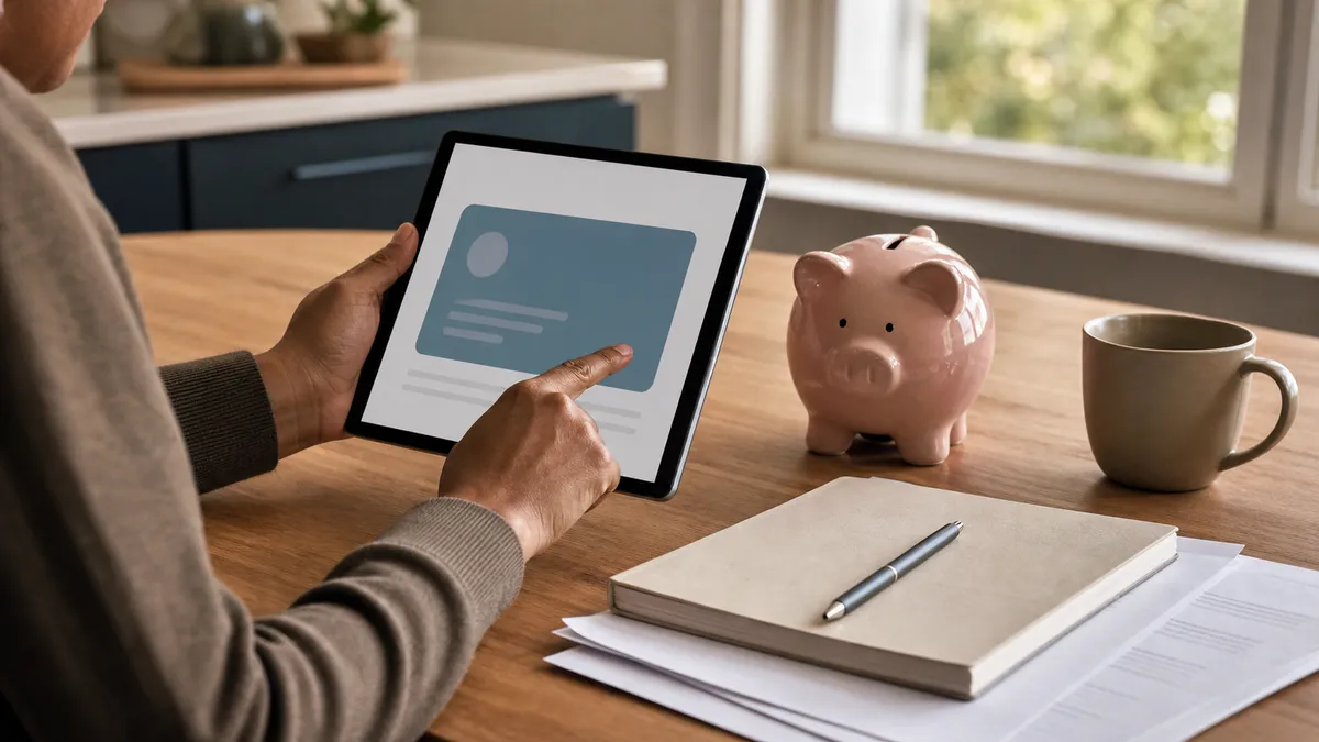 Parent reviewing a child investment account on a tablet beside a piggy bank and household papers
