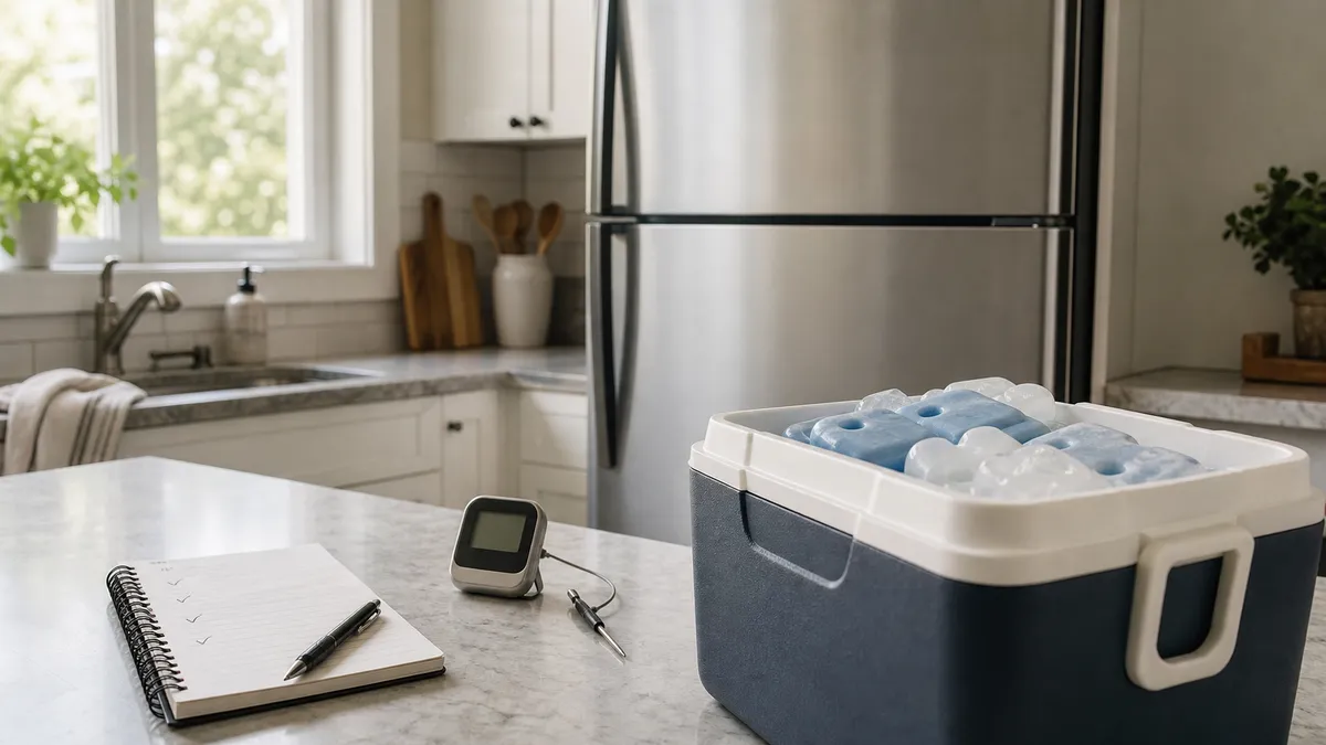 Kitchen counter with a closed refrigerator, cooler, ice packs and thermometer for power outage food safety planning