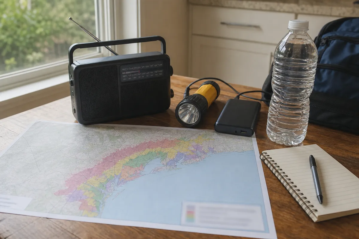 Hurricane preparedness supplies on a table with an unreadable coastal evacuation map