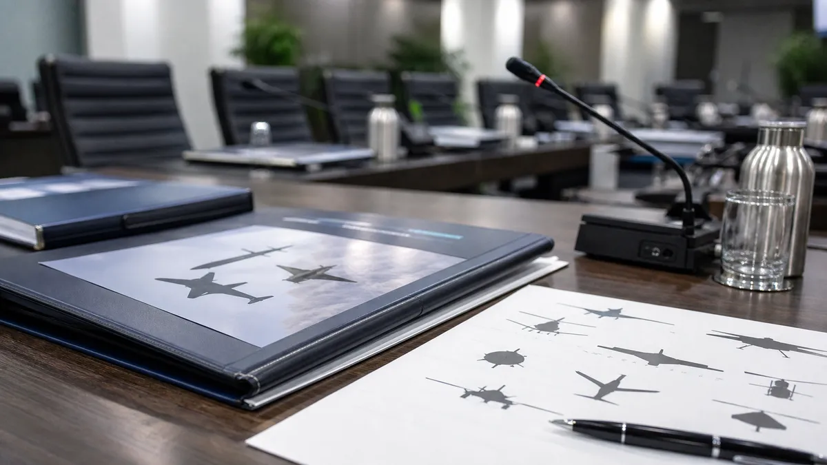 Generic editorial image of defense procurement folders and model aircraft on a conference table