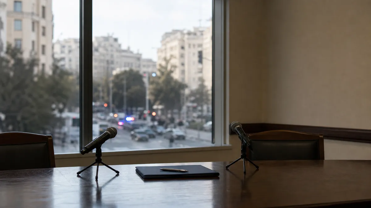 Generic editorial image of an empty diplomatic press room with city traffic blurred outside