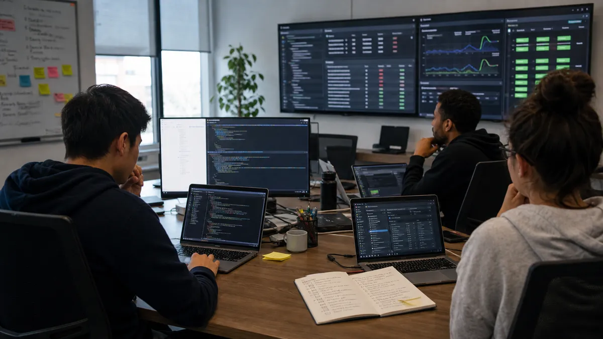 Software team reviewing code, test dashboards and deployment status screens in an engineering room