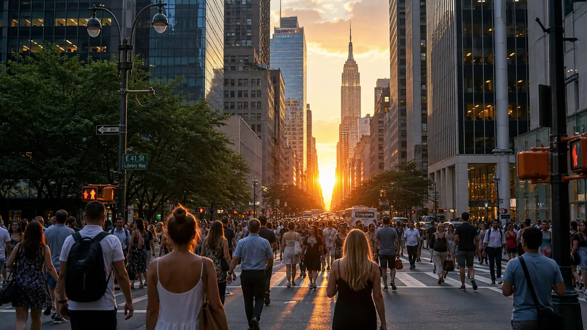 Crowds walking through a Manhattan street at sunset with the Empire State Building in the distance.