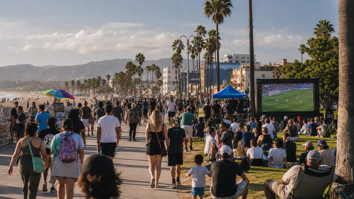 A busy Los Angeles beach promenade with a crowd watching soccer on an outdoor screen.