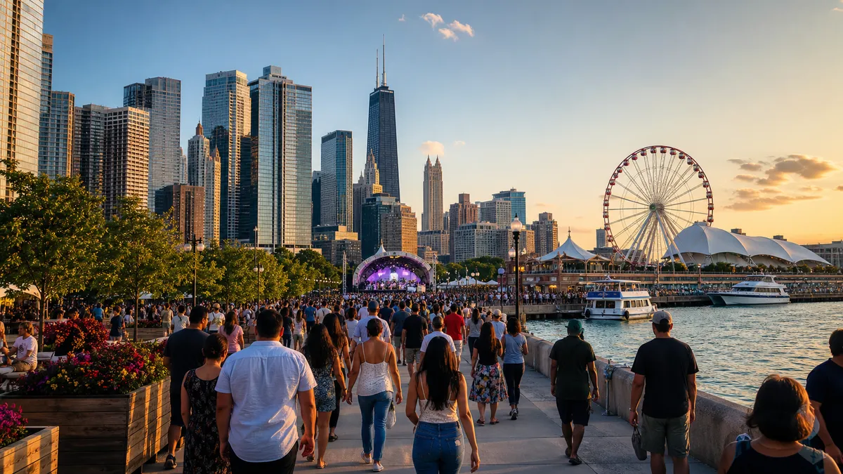 A summer crowd walking along Chicago's lakefront near Navy Pier at sunset.