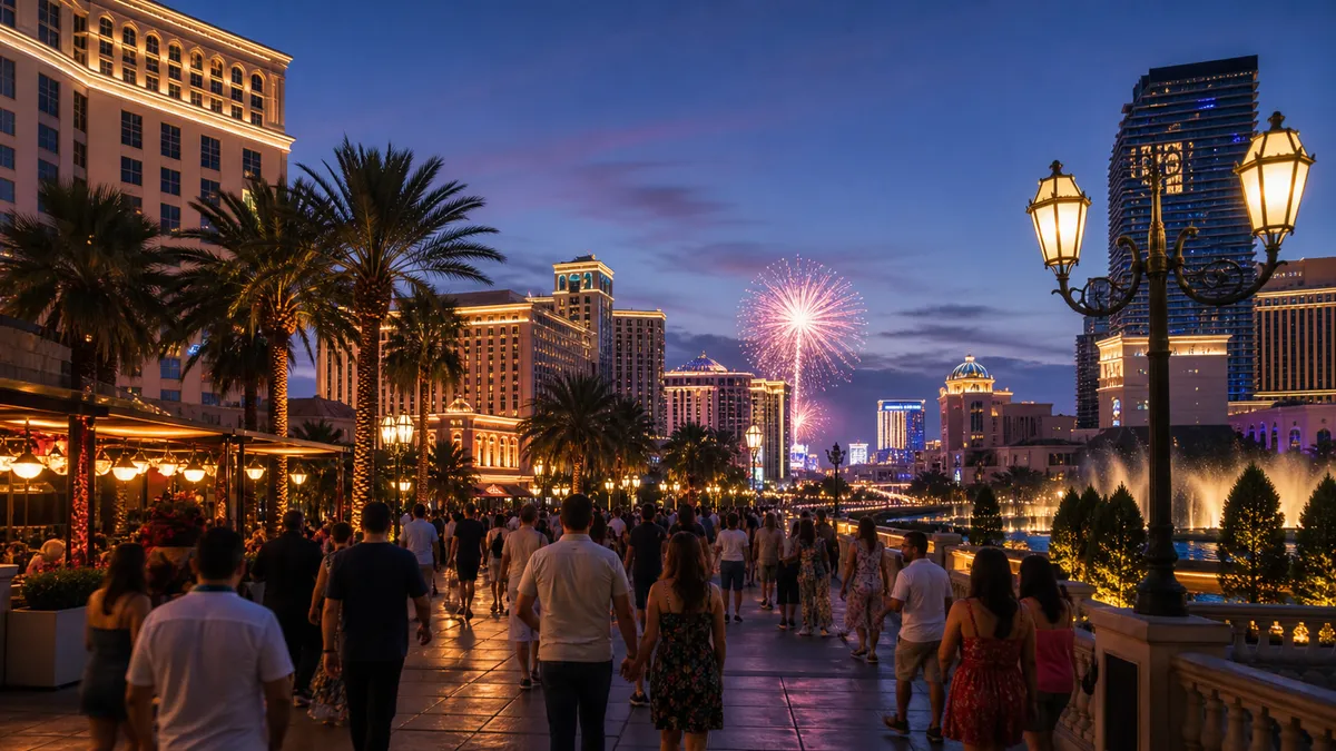 Crowds walking along the Las Vegas Strip at night with fireworks above resort towers.