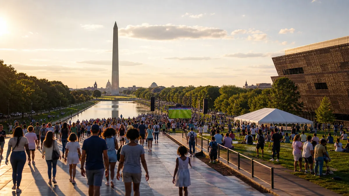 Crowds near the National Mall in Washington, DC, with the Washington Monument at sunset.