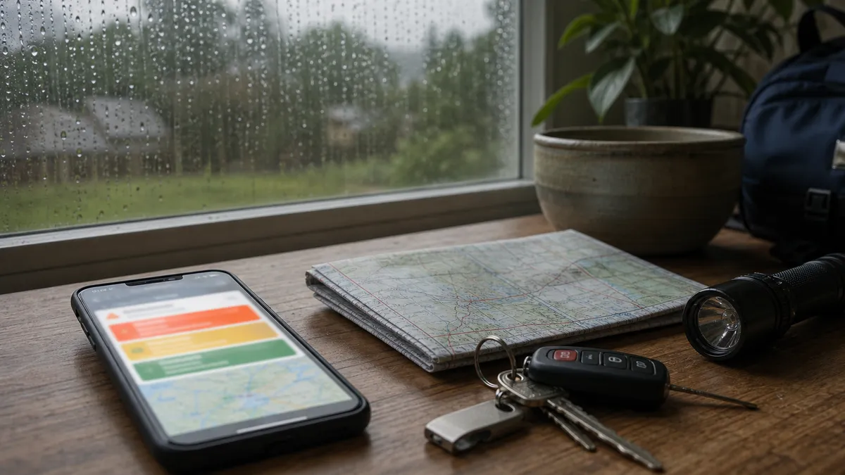 A phone with a blurred weather alert beside a map, keys and flashlight near a rain-streaked window