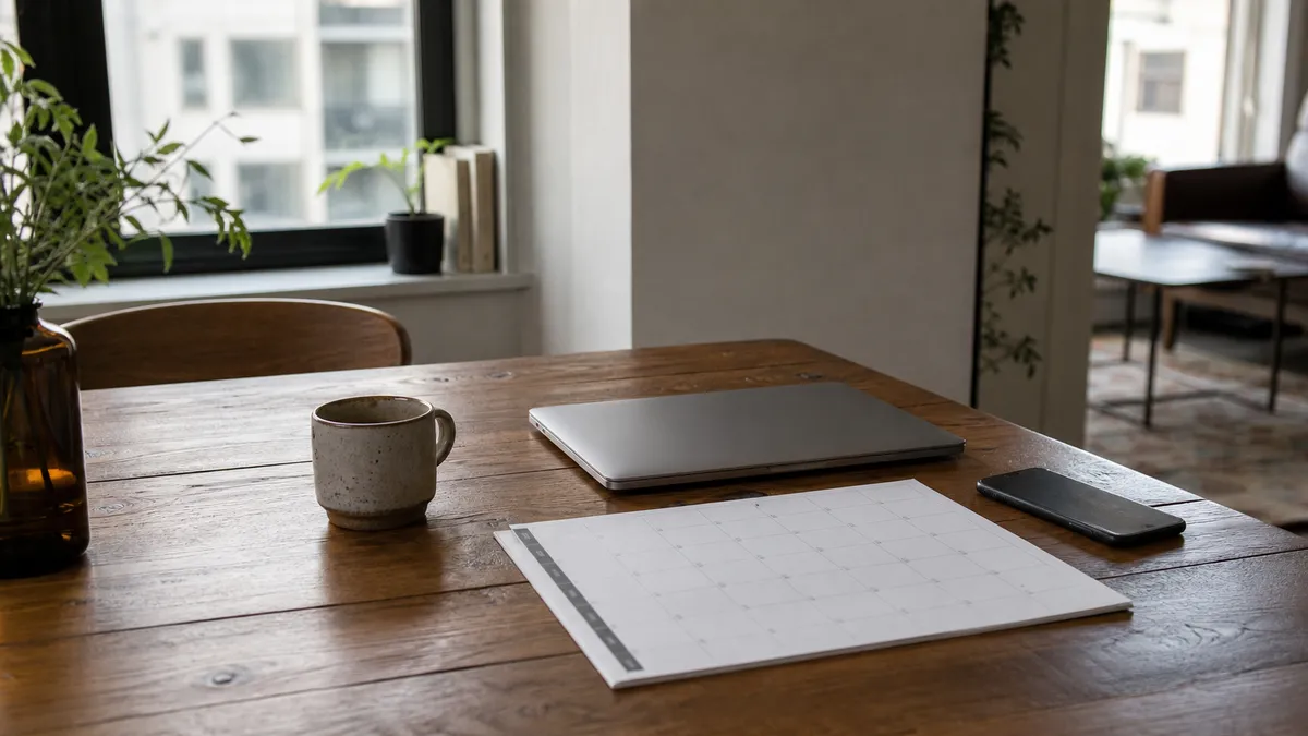 A quiet table with a laptop, calendar, coffee mug and phone in soft daylight