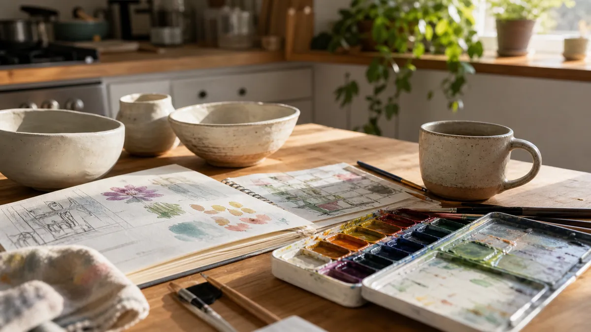 Beginner watercolor supplies and handmade pottery on a sunlit kitchen table