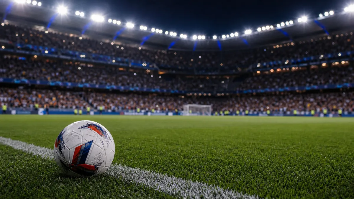 A soccer ball near the touchline on a stadium pitch under evening lights