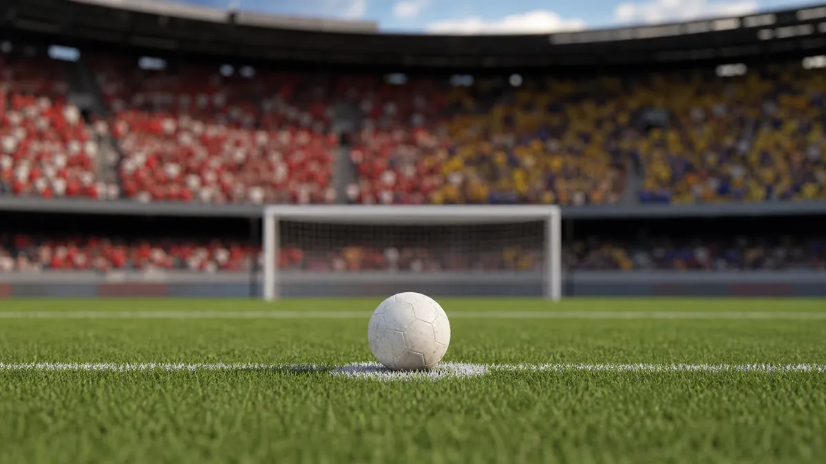 A soccer ball on the penalty spot in front of a goal in a crowded stadium