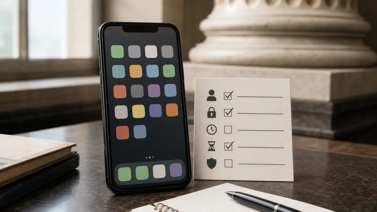 A smartphone with generic app icons beside a parent approval checklist near a courthouse column.
