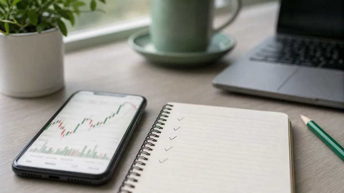 A phone with a blurred stock chart beside a notebook checklist and green pencil