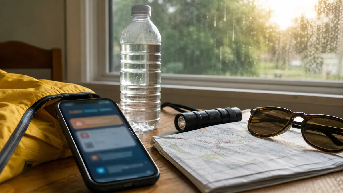A phone with a blurred weather alert beside water, a flashlight, sunglasses and rain gear on a table.