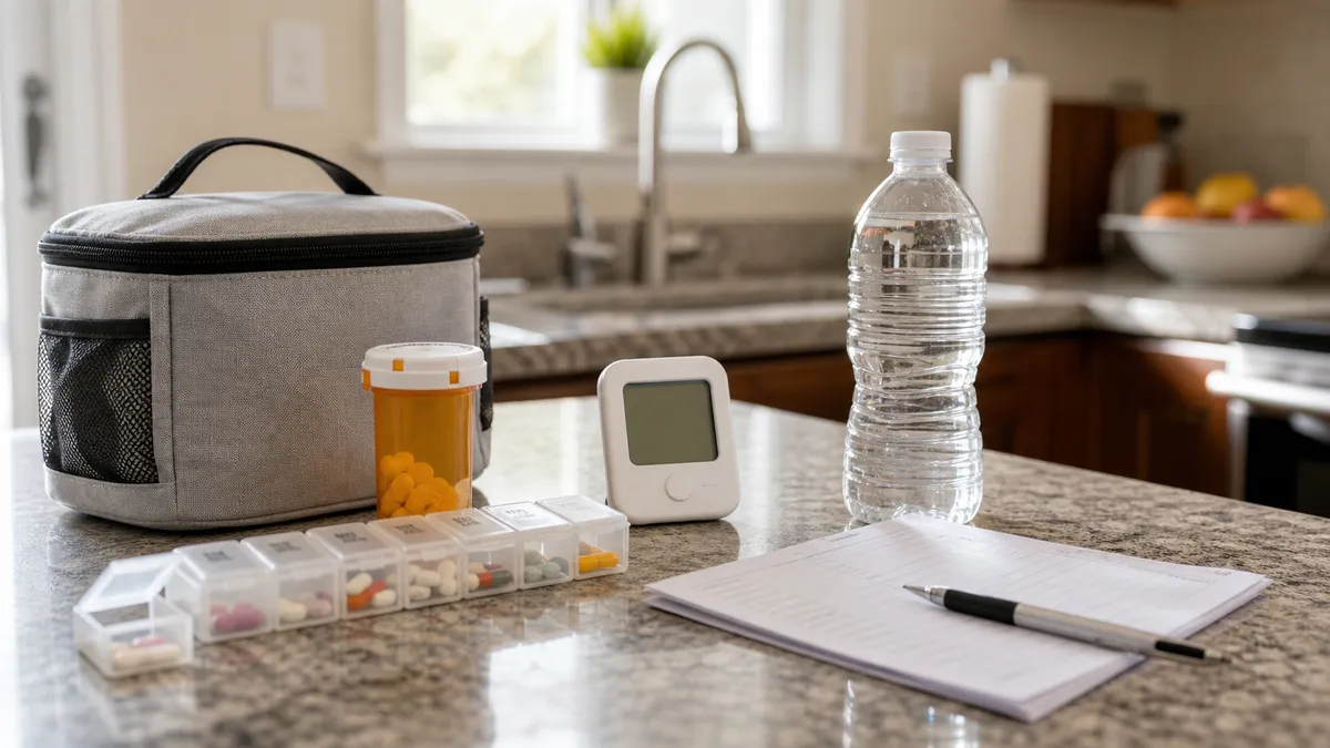 A pill organizer, medicine bottle, thermometer, water bottle and insulated pouch on a kitchen counter