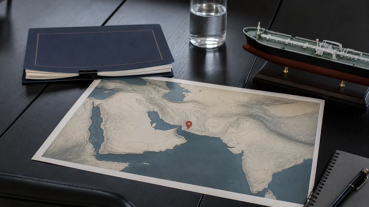 Generic newsroom still life with a regional map, shipping model and briefing folder