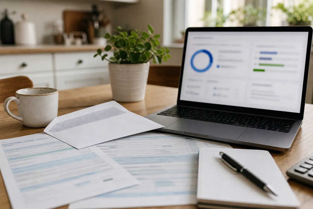Tax forms, an envelope and a laptop on a kitchen table for an article about IRS automatic penalty relief