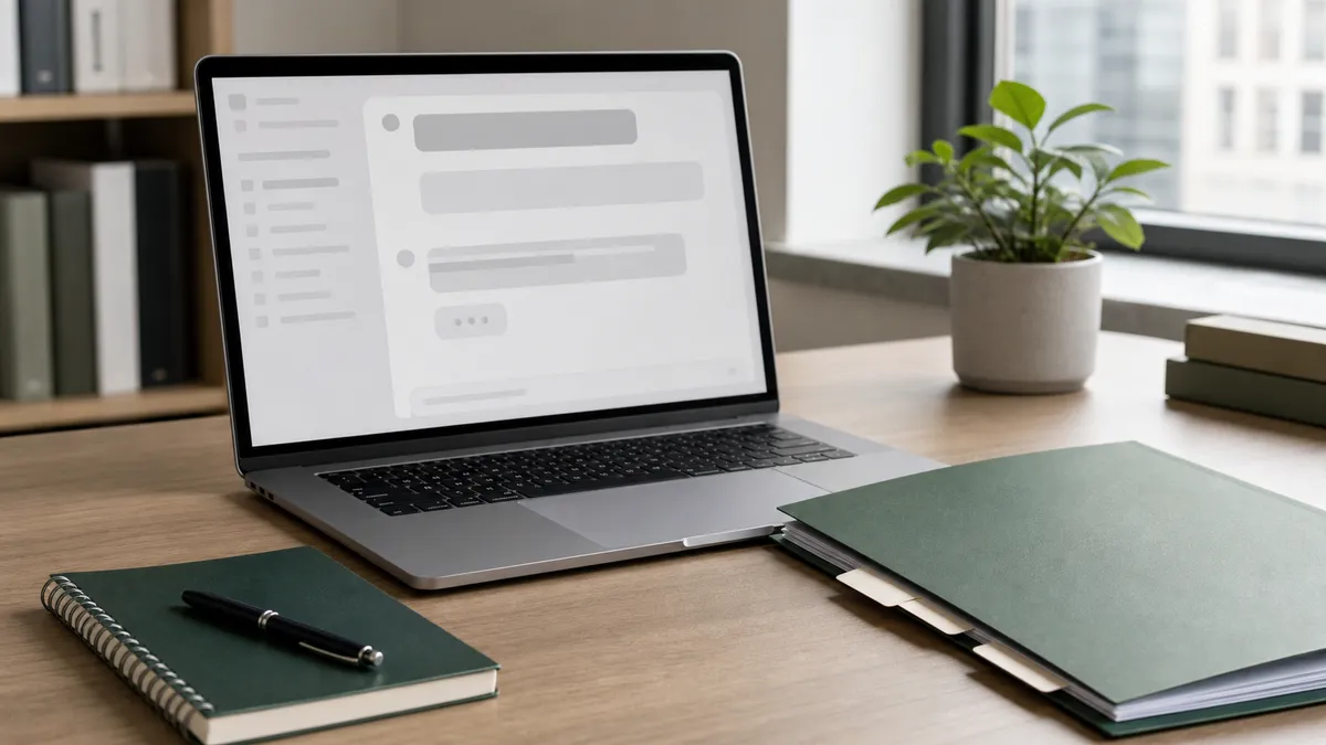 A laptop with an abstract AI interface beside a green folder and notebook on a newsroom desk.