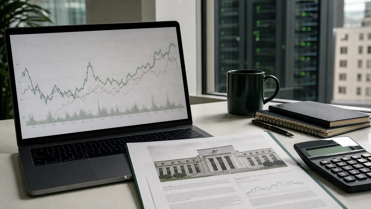 A desk with a laptop chart, a calculator, and printed Federal Reserve-style market documents