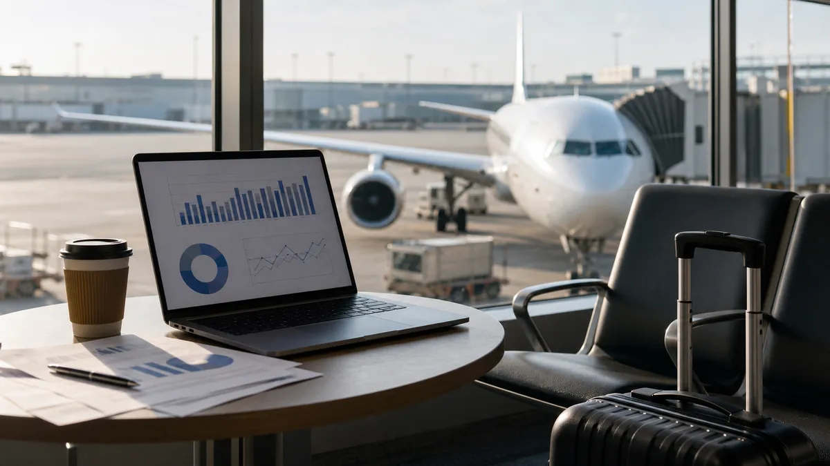 Airport gate table with a laptop showing abstract charts and a passenger jet outside the window