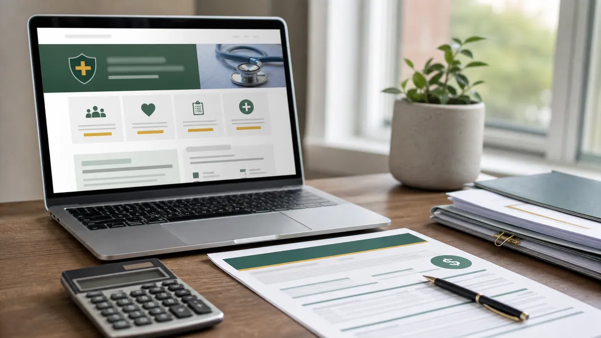 A laptop, calculator and health insurance paperwork on a desk