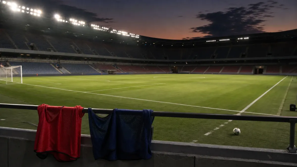 An empty soccer stadium glows after sunset with a ball near the touchline and two training bibs draped over a railing.