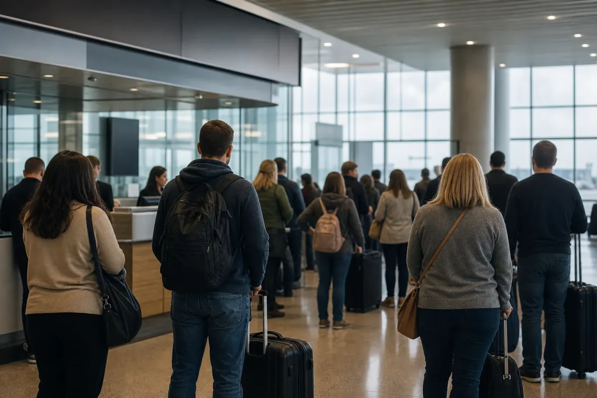 Travelers with carry-on luggage waiting in a generic airport terminal after a flight disruption