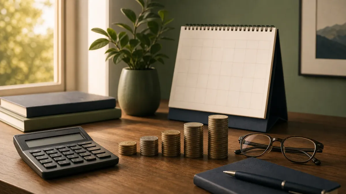 Increasing stacks of coins beside a calculator and calendar represent retirement savings over time.