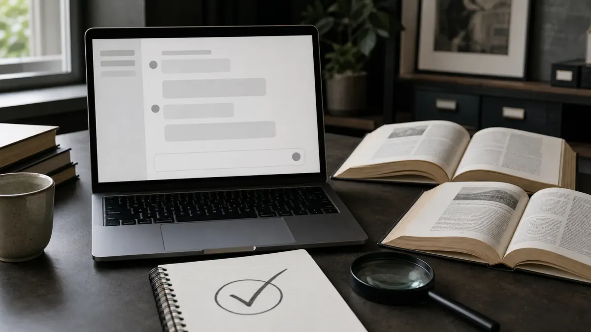 A generic chat screen beside reference books, a magnifying glass and a notebook checkmark.