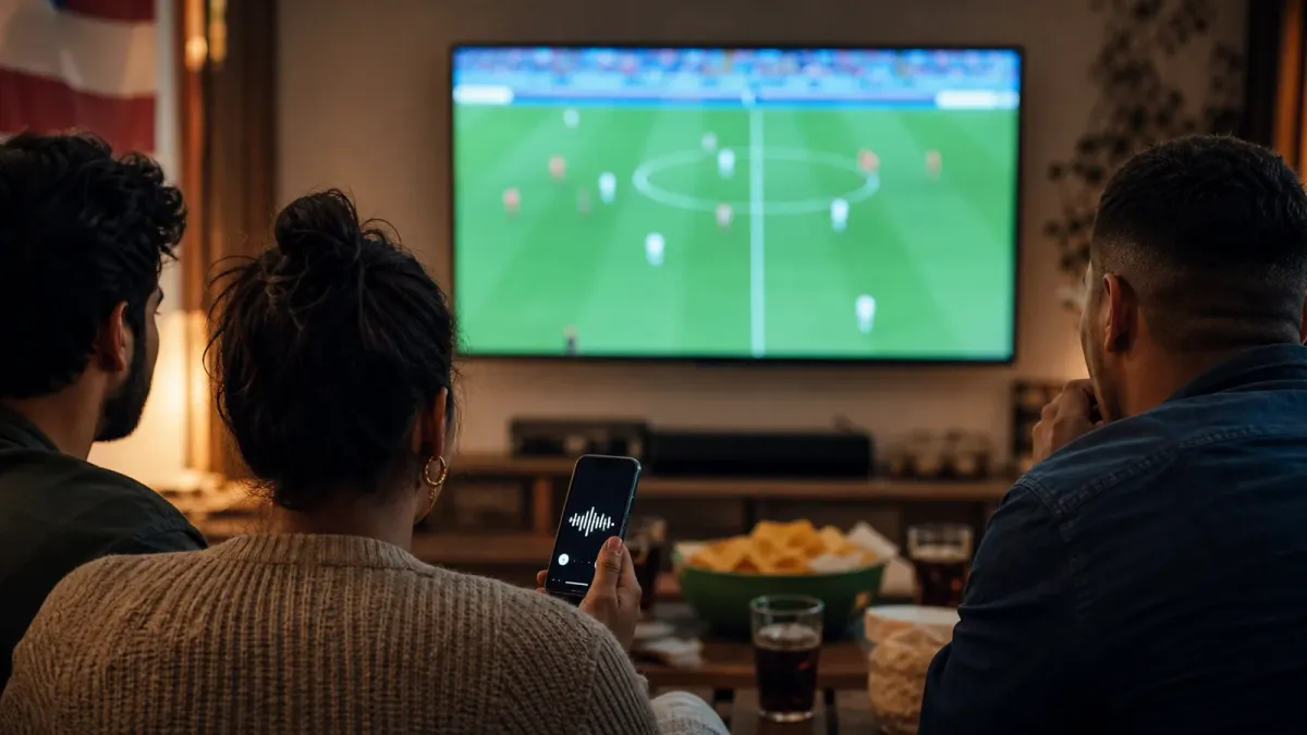 Soccer fans watching a televised match while one viewer holds a phone with an audio waveform