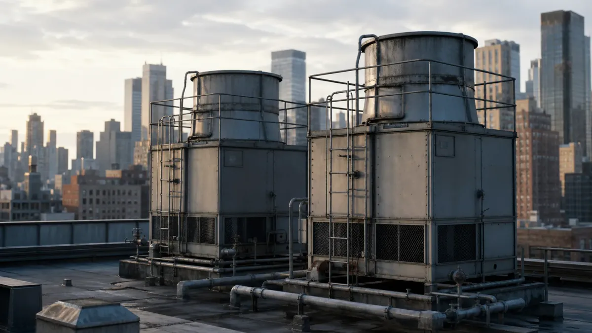 Editorial illustration of generic cooling towers on a New York City rooftop