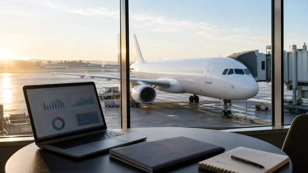 A generic unbranded passenger jet outside an airport window beside a laptop and deal notes