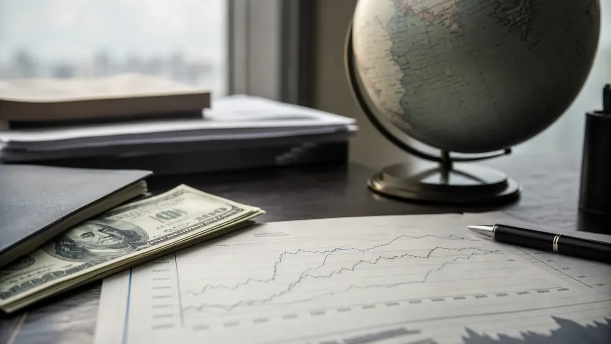 Dollar notes and market charts on an analyst’s desk beside a globe