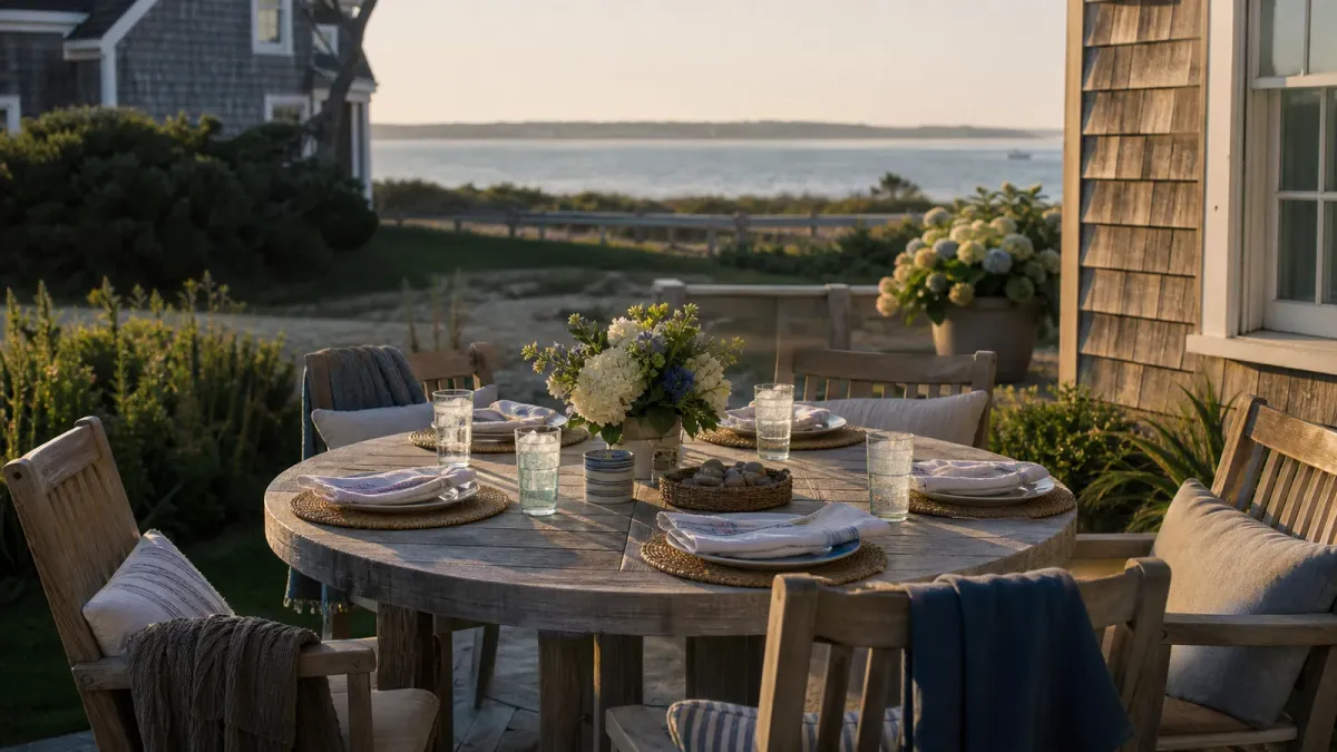 Five place settings on an empty coastal patio overlooking the water