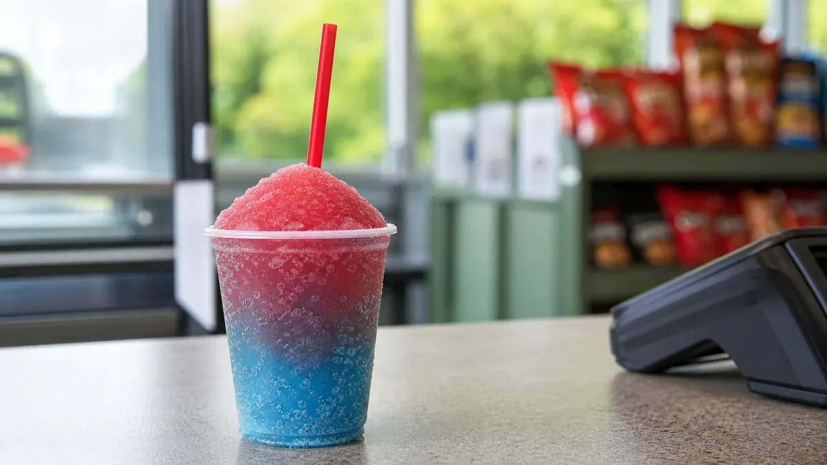 A small red and blue frozen drink on a convenience store counter