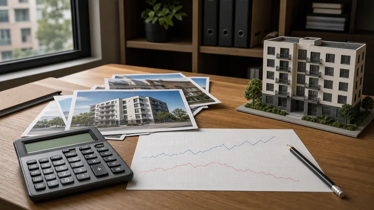 Calculator, property photos, an apartment model and an unlabeled chart on a real estate analyst's desk