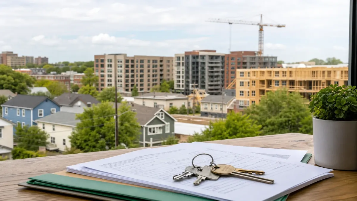 House keys and housing paperwork in front of a neighborhood with new apartment construction