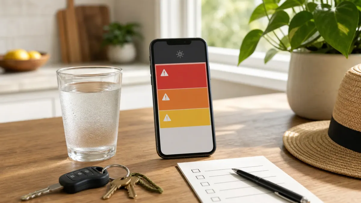 A phone showing generic heat alert blocks beside water, keys, and a checklist on a sunlit table