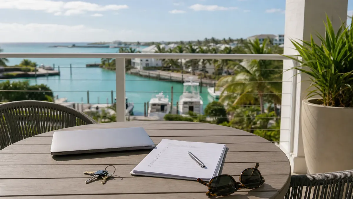 A property checklist, keys and laptop on a Bimini condo terrace overlooking turquoise water and a marina