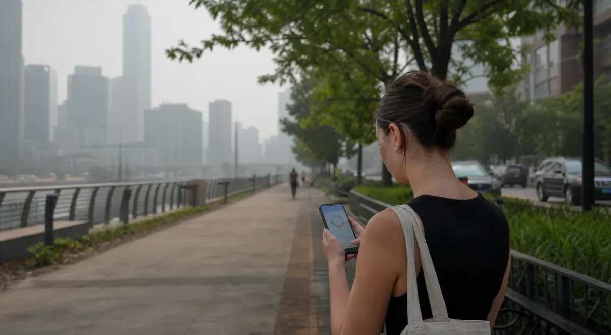 A person checks an air quality app on a phone beside a hazy city walkway.