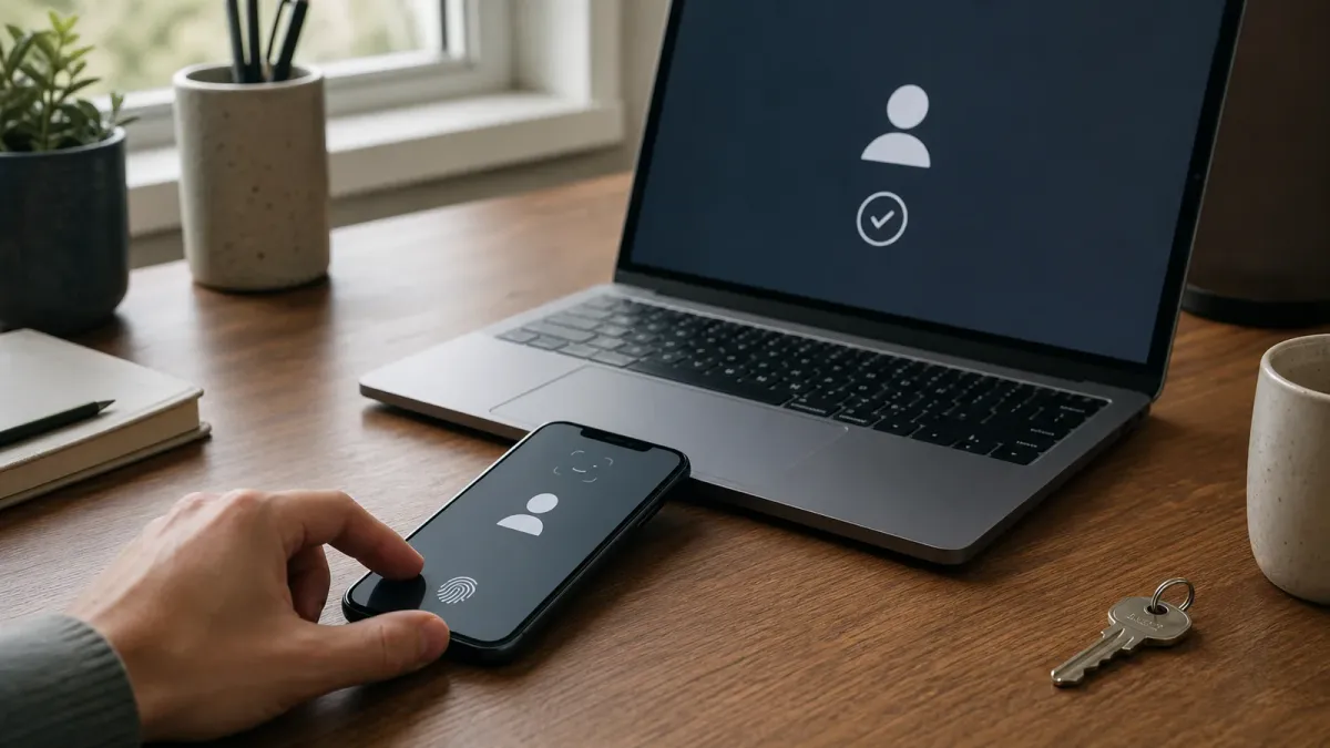 A phone and laptop showing generic sign-in symbols beside a physical key on a home-office desk