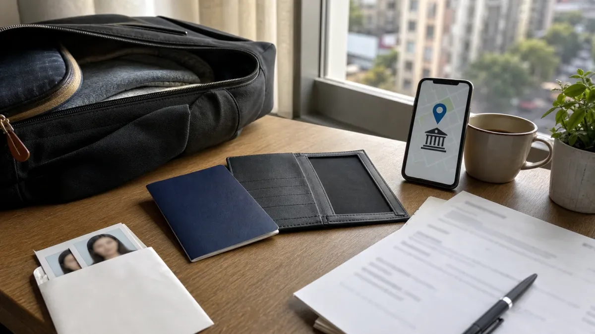 Travel documents, an empty document wallet and a phone showing a generic consular location on a hotel desk