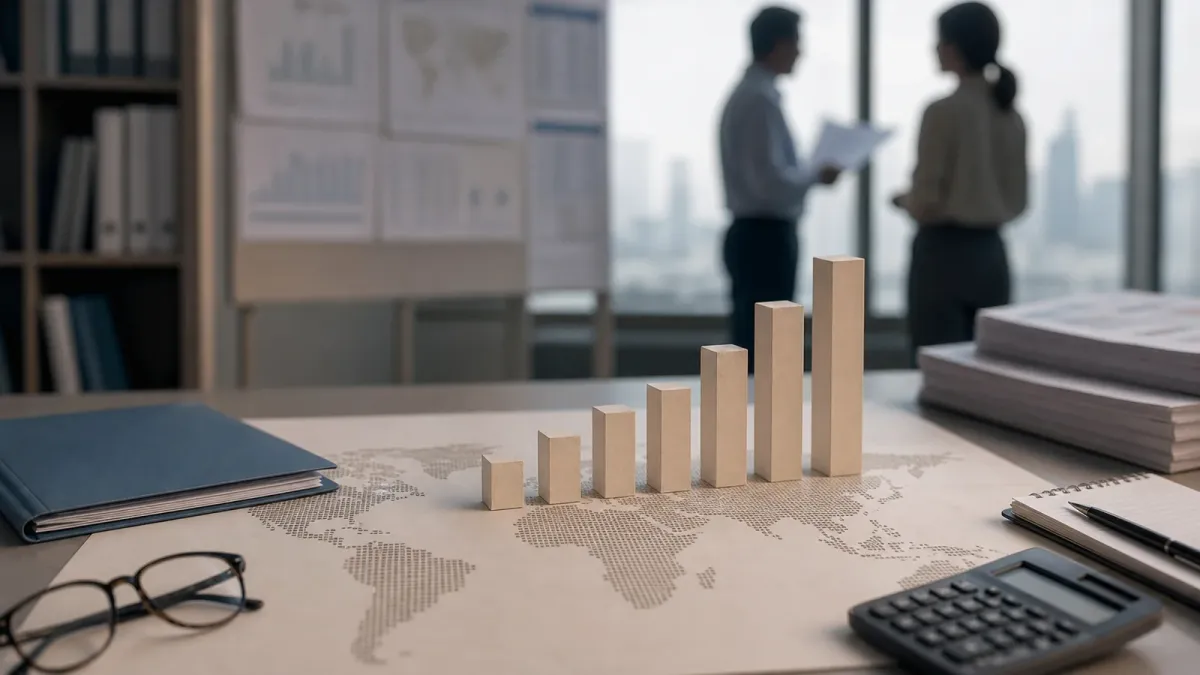 Rising wooden bars arranged over a dotted world map as public-health researchers review charts