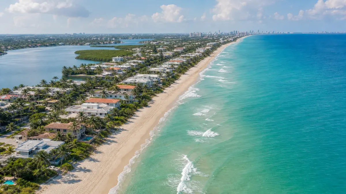 Editorial aerial view of a tropical South Florida coastline with turquoise water and palm-lined homes