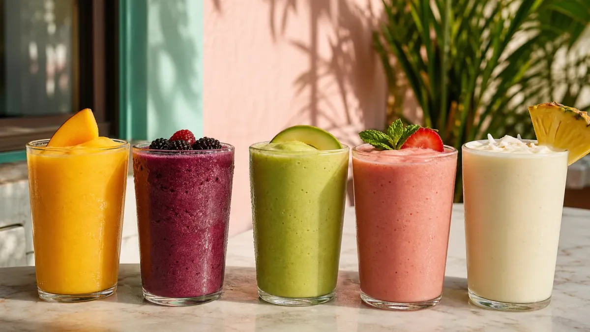 Five colorful fruit smoothies on an unbranded sunlit café table